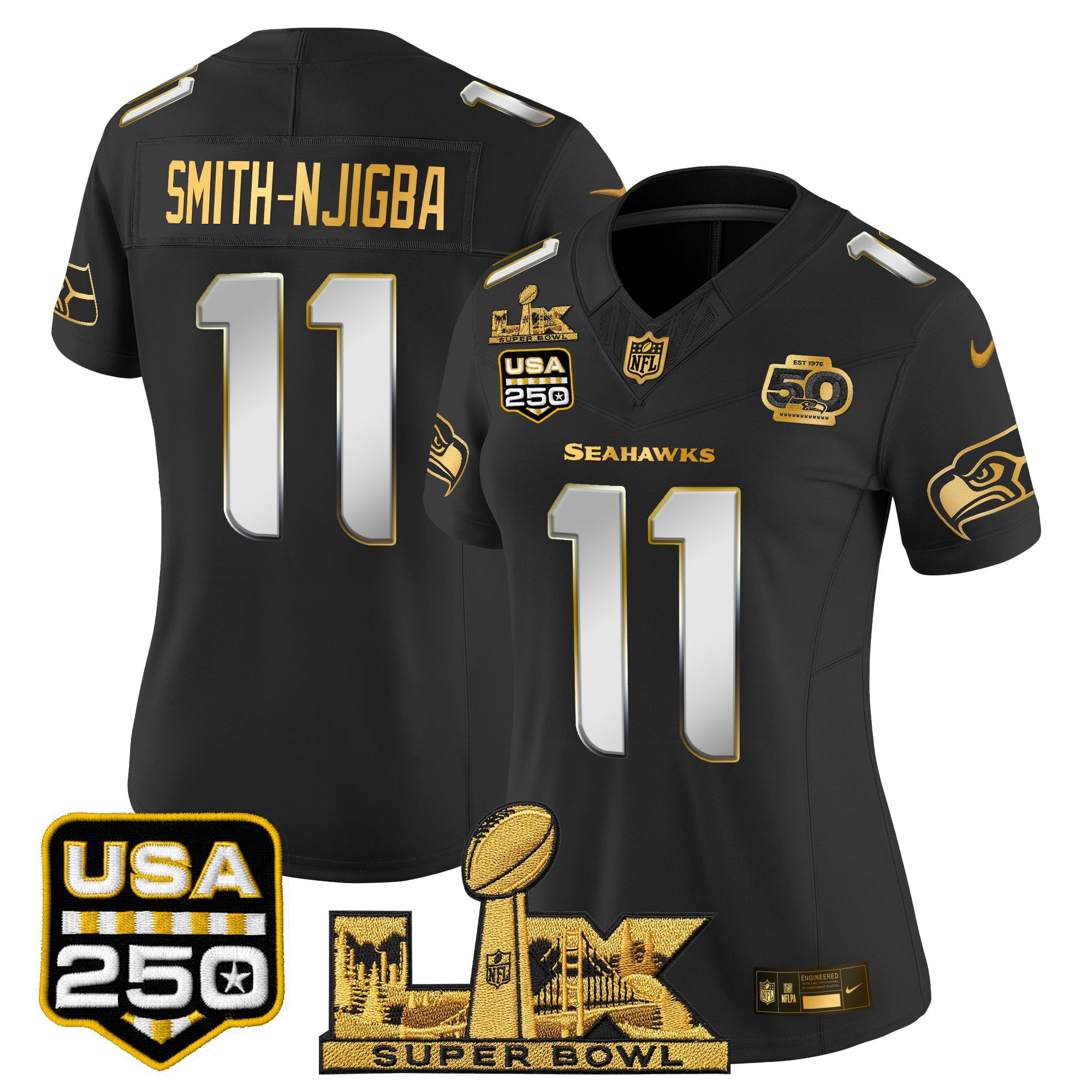 Women's Seattle Seahawks "Super Bowl LX & United States 250th Anniversary Patch" Gold Vapor Limited Jersey - All Stitched