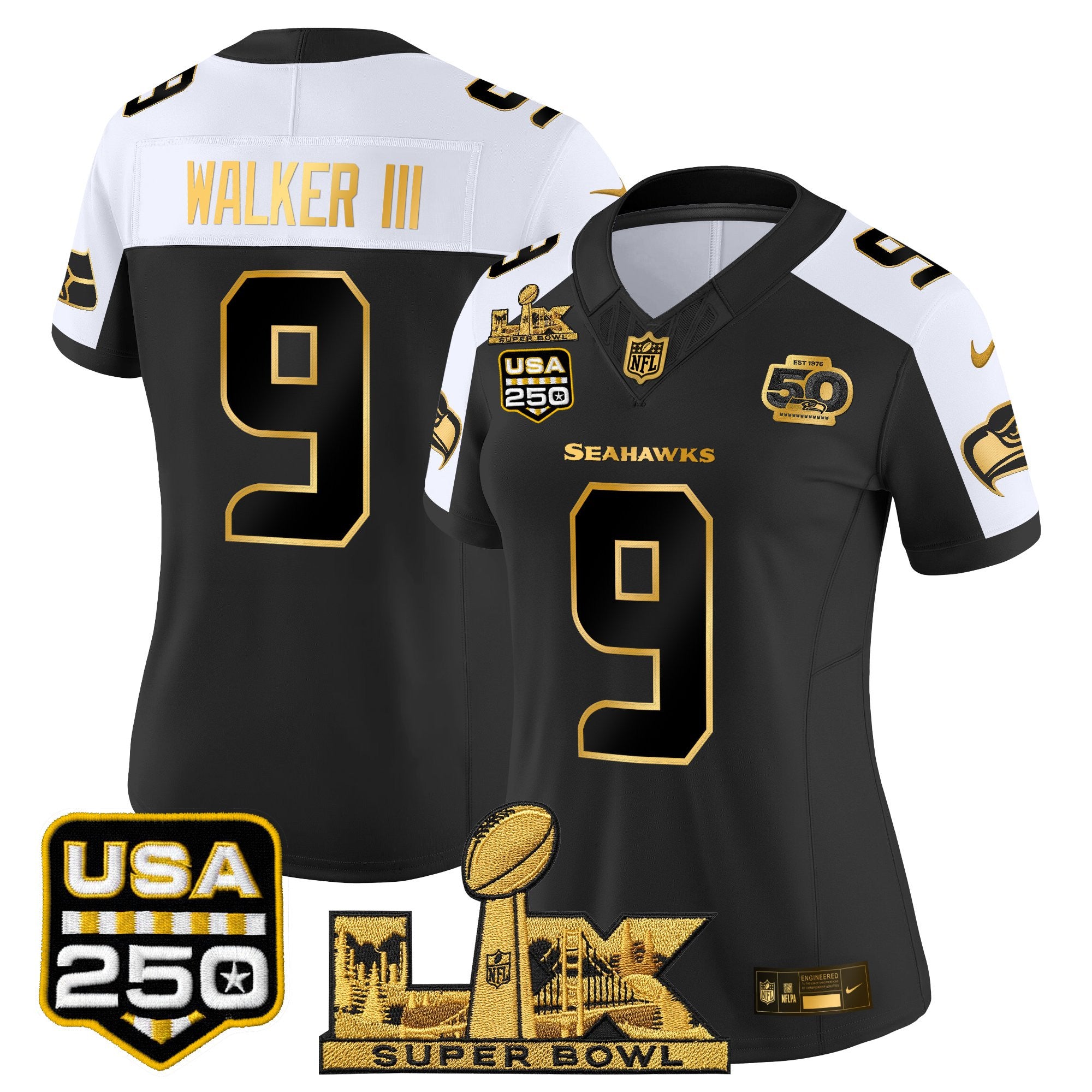 Women's Seattle Seahawks "Super Bowl LX & United States 250th Anniversary Patch" Gold Vapor Limited Jersey - All Stitched