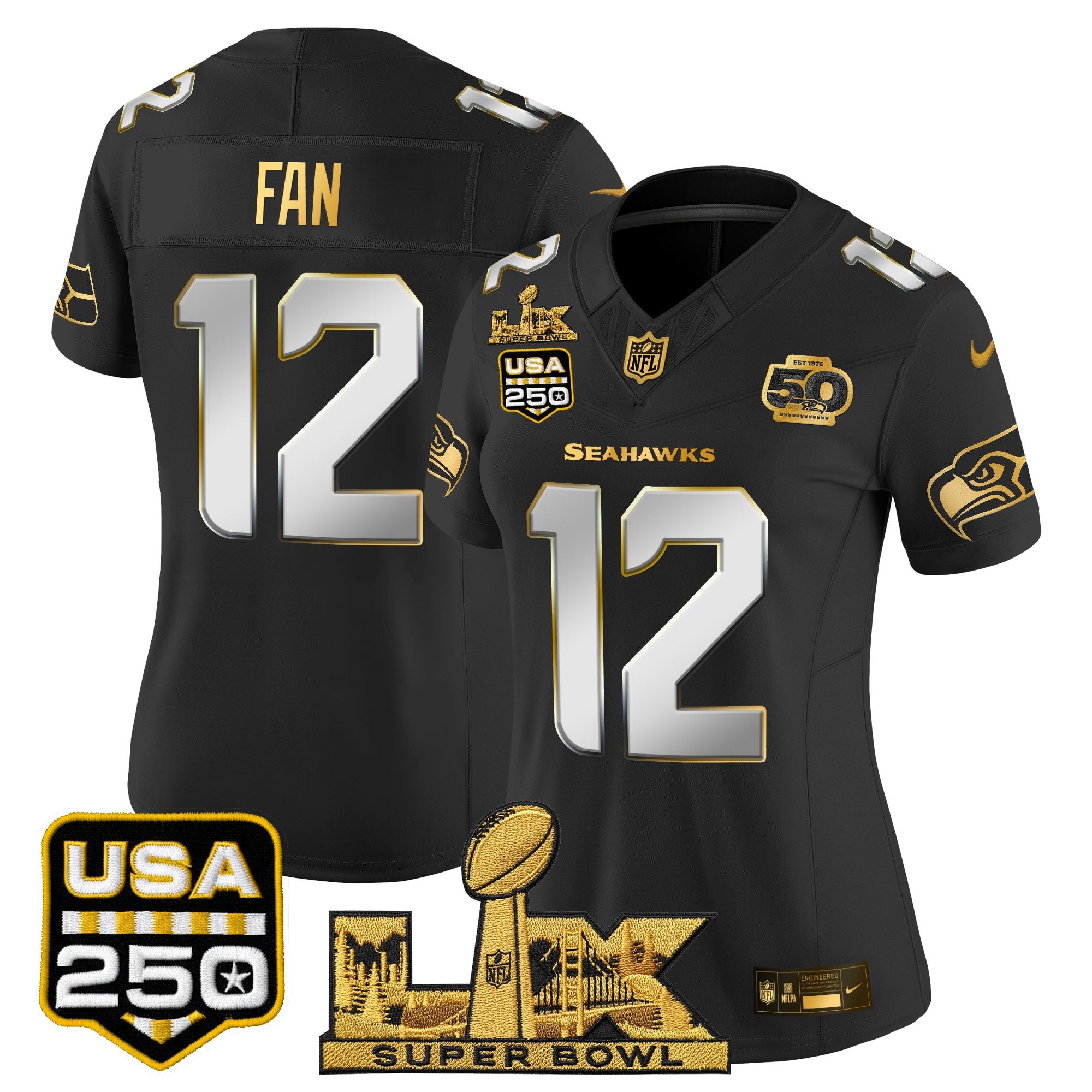 Women's Seattle Seahawks "Super Bowl LX & United States 250th Anniversary Patch" Gold Vapor Limited Jersey - All Stitched