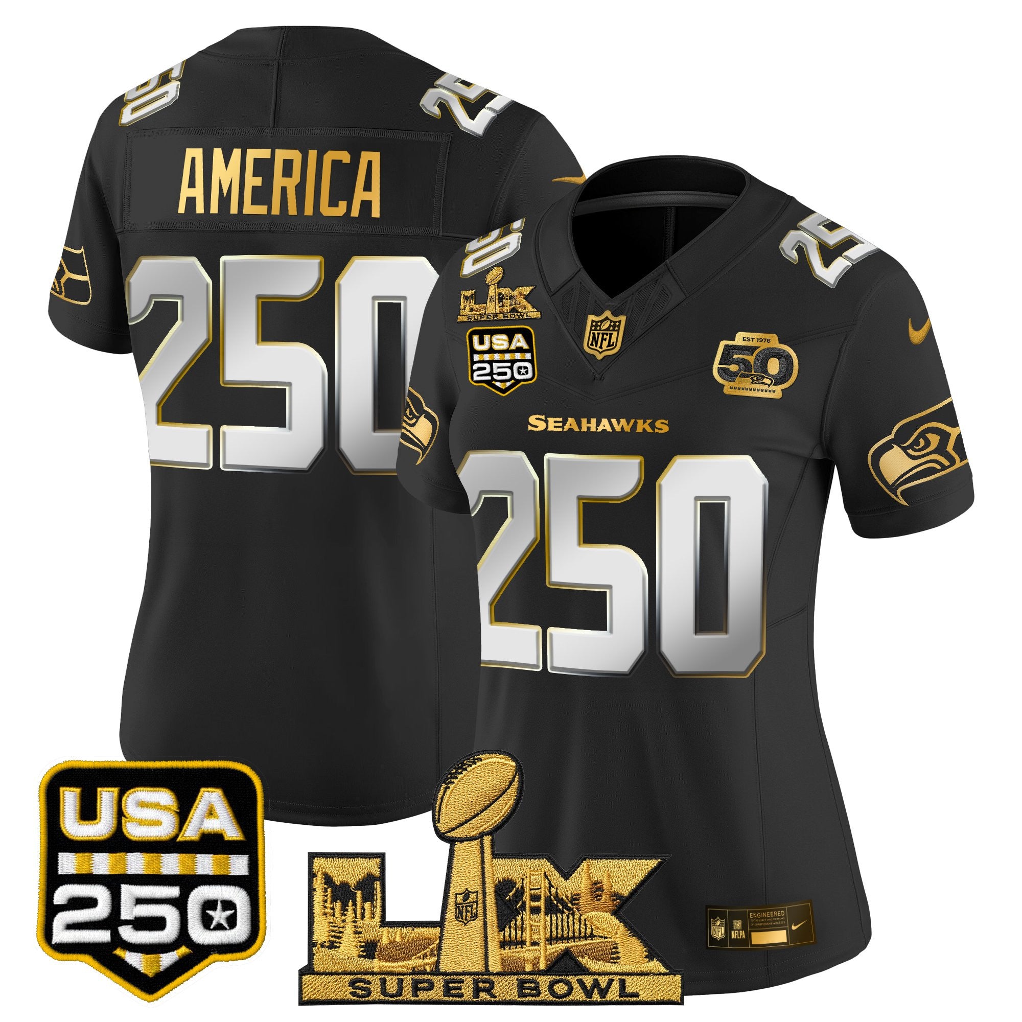 Women's Seattle Seahawks "Super Bowl LX & United States 250th Anniversary Patch" Gold Vapor Limited Jersey - All Stitched