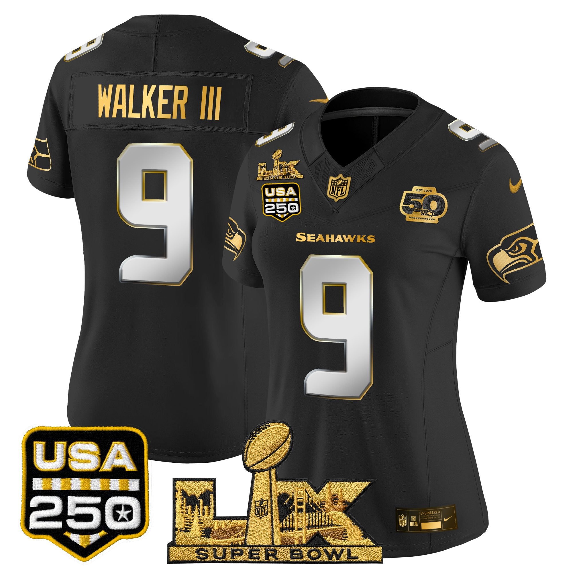 Women's Seattle Seahawks "Super Bowl LX & United States 250th Anniversary Patch" Gold Vapor Limited Jersey - All Stitched