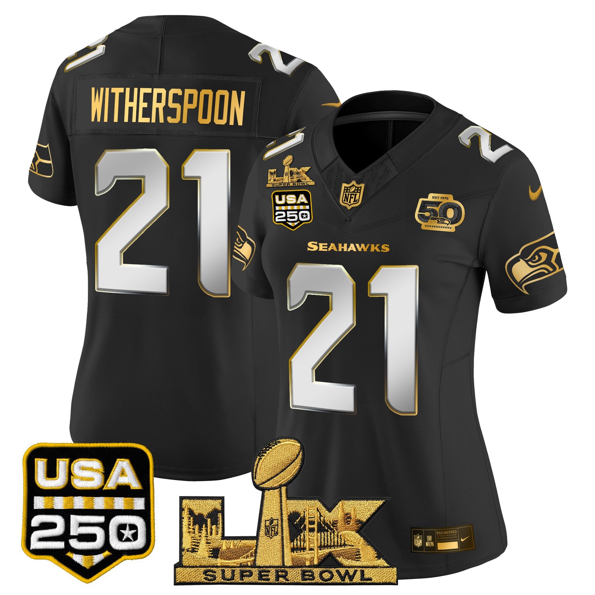 Women's Seattle Seahawks "Super Bowl LX & United States 250th Anniversary Patch" Gold Vapor Limited Jersey - All Stitched