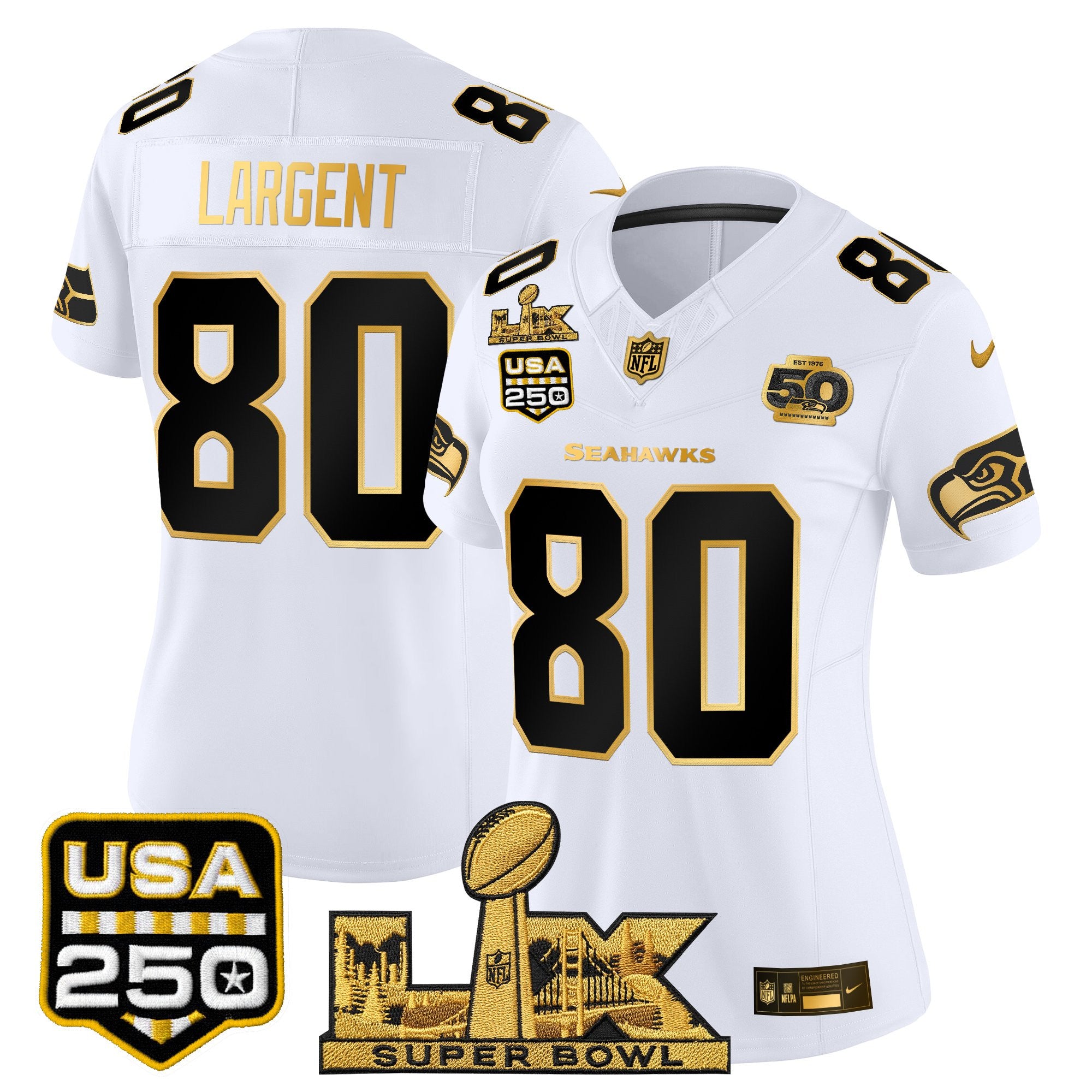Women's Seattle Seahawks "Super Bowl LX & United States 250th Anniversary Patch" Gold Vapor Limited Jersey - All Stitched