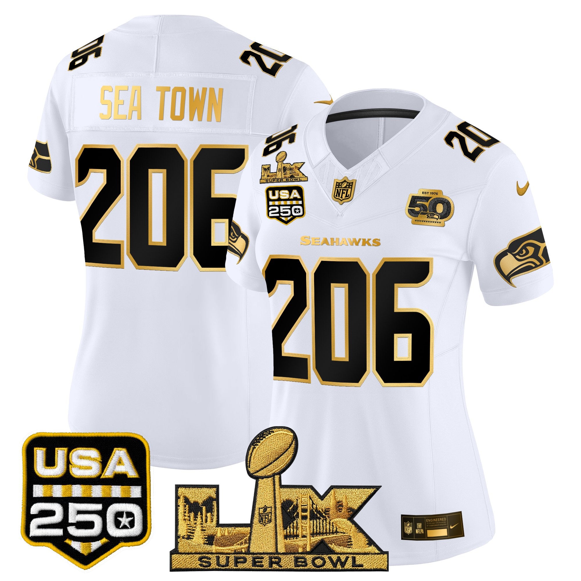 Women's Seattle Seahawks "Super Bowl LX & United States 250th Anniversary Patch" Gold Vapor Limited Jersey - All Stitched