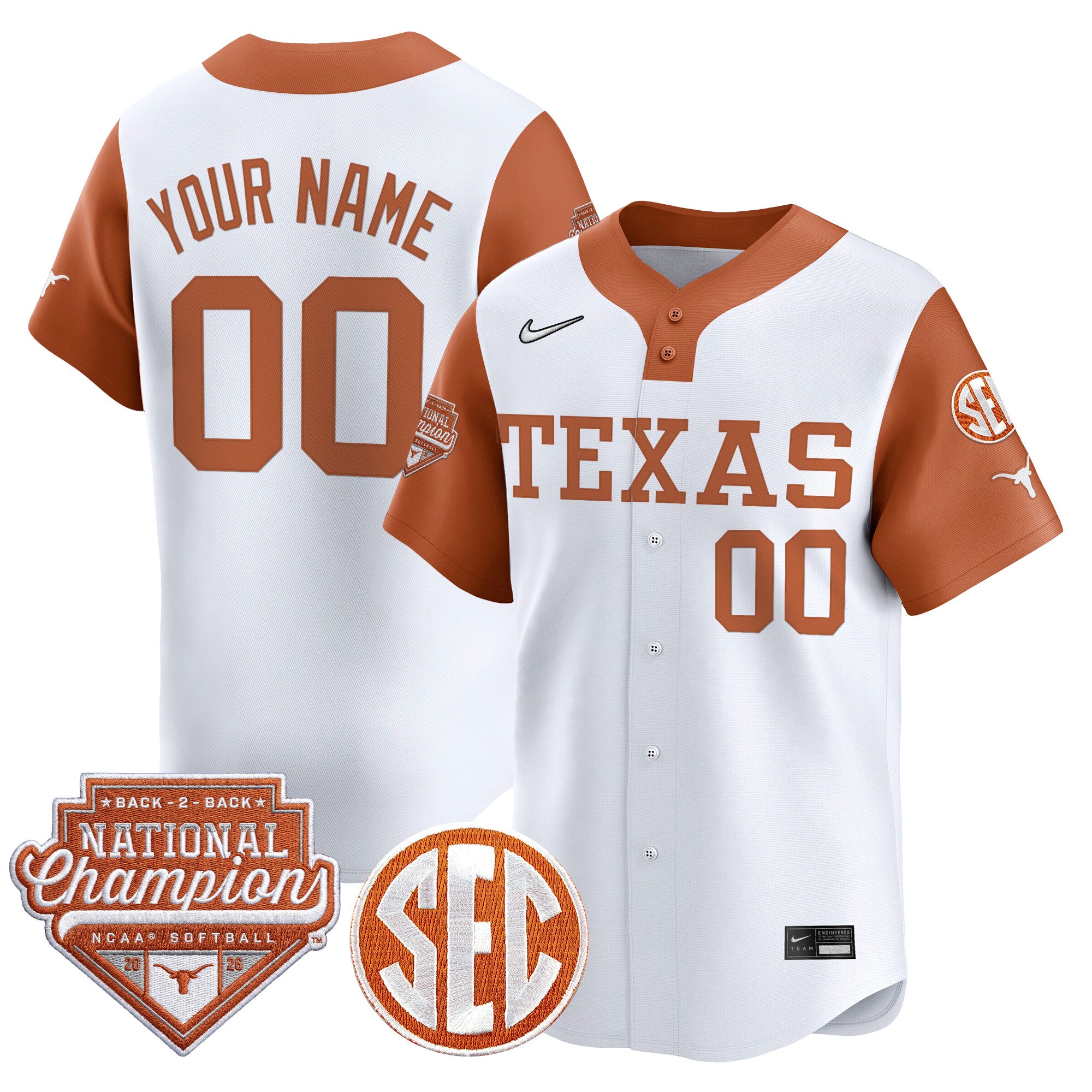 Texas Longhorns 2026 Back-To-Back World Series (WCWS) Champions Vapor Premier Limited Custom Jersey - All Stitched