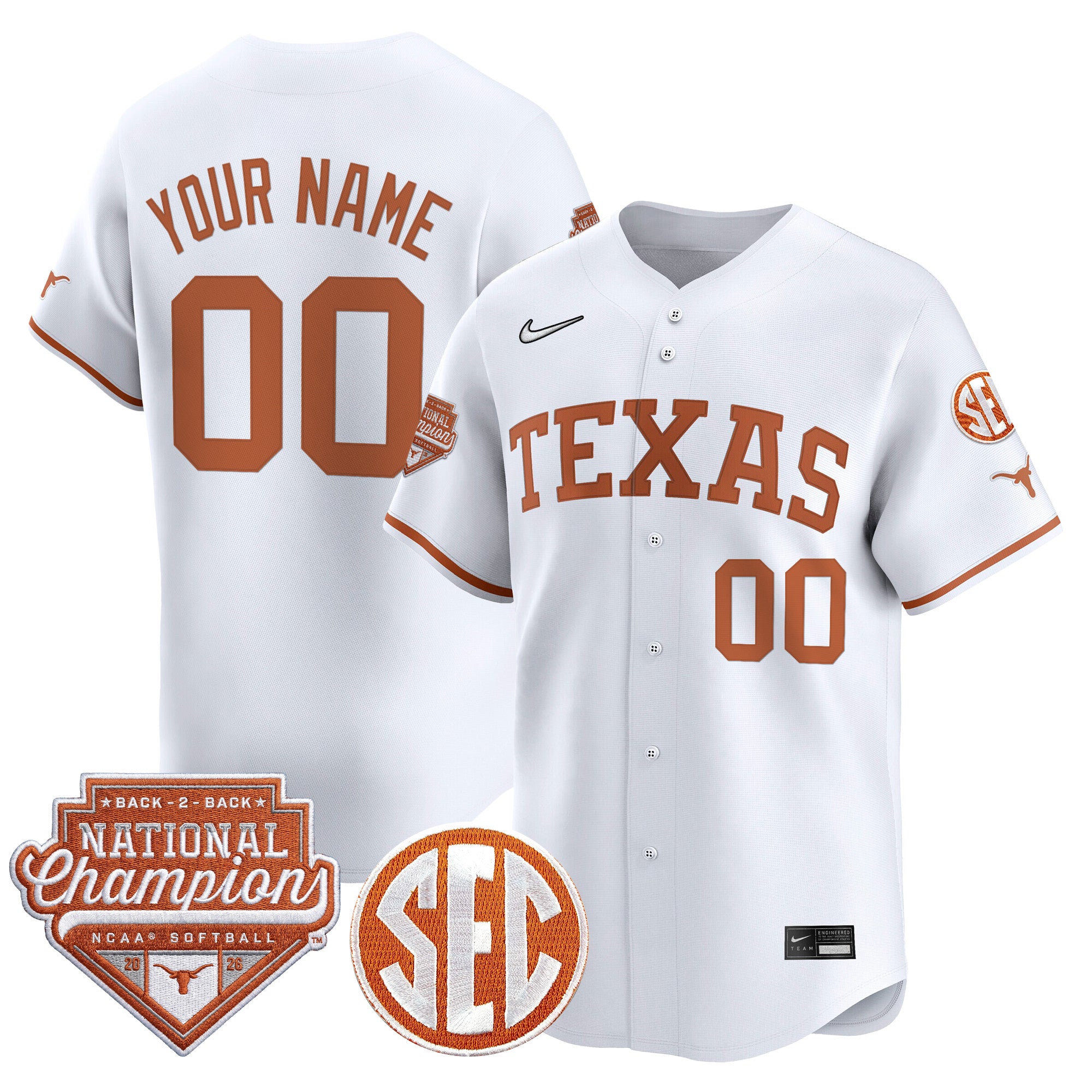 Texas Longhorns 2026 Back-To-Back World Series (WCWS) Champions Vapor Premier Limited Custom Jersey - All Stitched