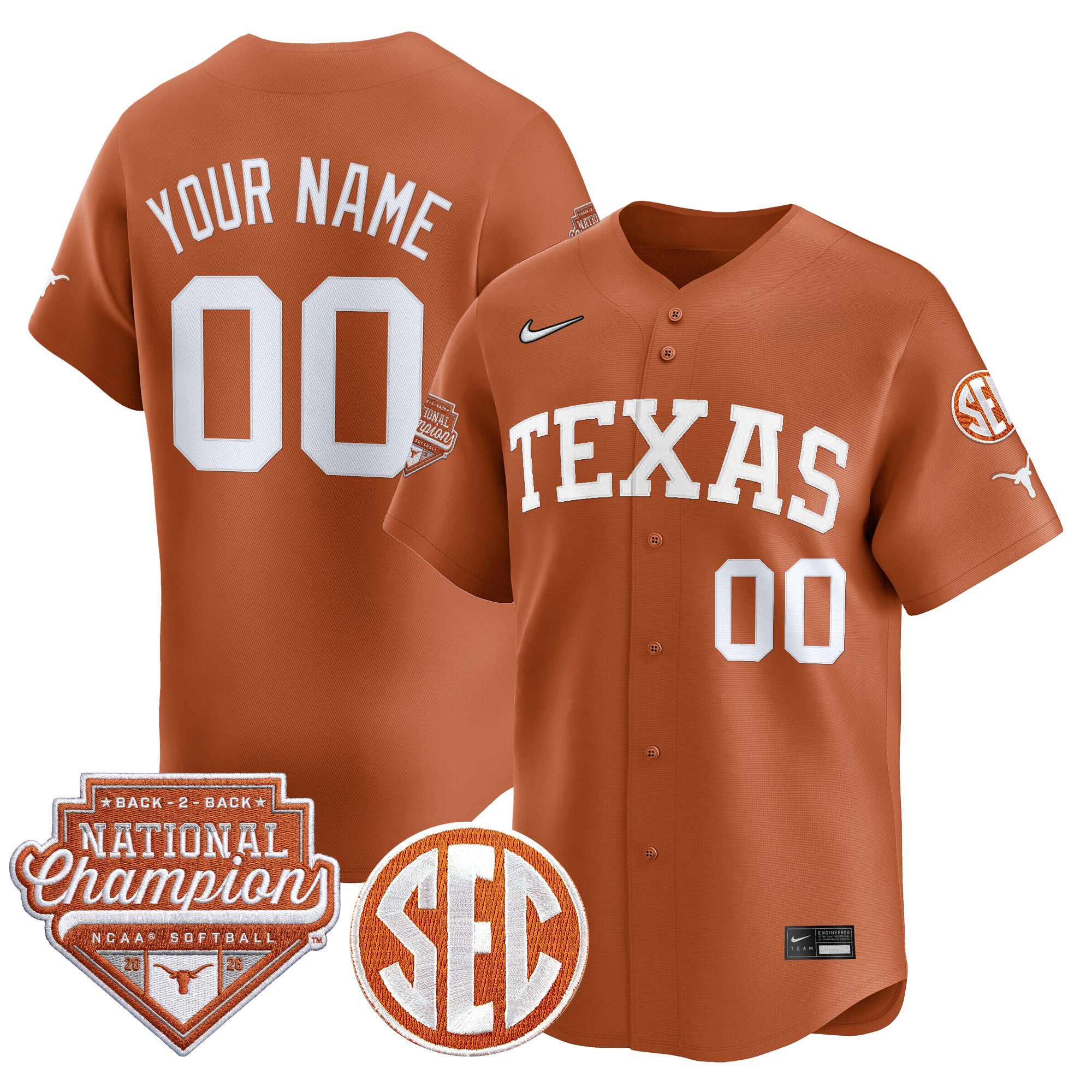 Texas Longhorns 2026 Back-To-Back World Series (WCWS) Champions Vapor Premier Limited Custom Jersey - All Stitched