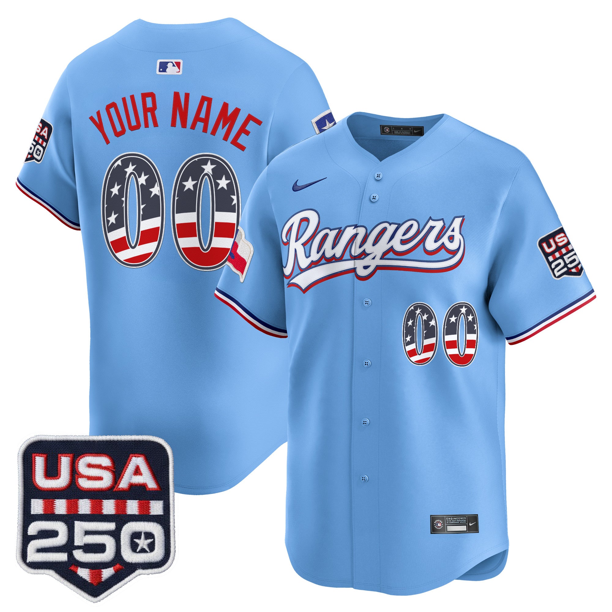 Texas Rangers USA 250 Fourth of July Vapor Premier Limited Custom Jersey - All Stitched